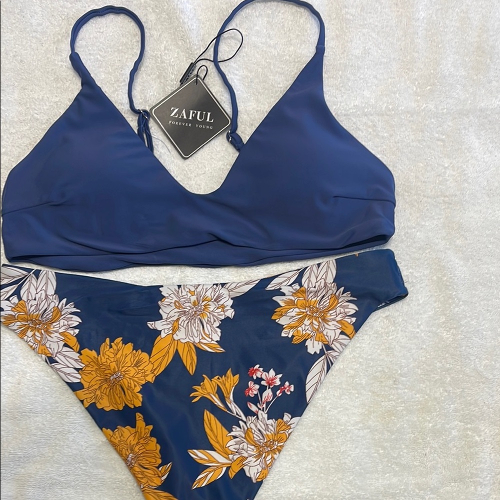 Zaful Blue and Yellow Bikini Set Floral High-Waisted